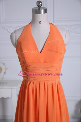 Exceptional Orange Zipper Halter Top Ruching Damas Dress Chiffon Sleeveless