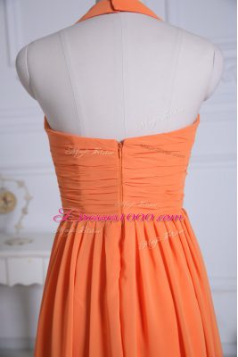 Exceptional Orange Zipper Halter Top Ruching Damas Dress Chiffon Sleeveless