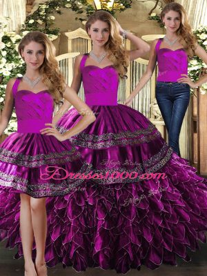 Artistic Sleeveless Floor Length Embroidery and Ruffles Lace Up Vestidos de Quinceanera with Fuchsia