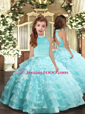 Aqua Blue Organza Backless 15 Quinceanera Dress Sleeveless Floor Length Beading and Ruffled Layers