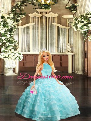 Aqua Blue Organza Backless 15 Quinceanera Dress Sleeveless Floor Length Beading and Ruffled Layers