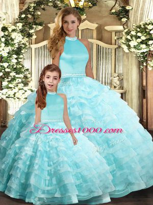 Aqua Blue Organza Backless 15 Quinceanera Dress Sleeveless Floor Length Beading and Ruffled Layers