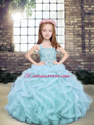 Graceful Floor Length Lace Up Pageant Gowns For Girls Light Blue for Party and Military Ball and Wedding Party with Beading and Ruffles