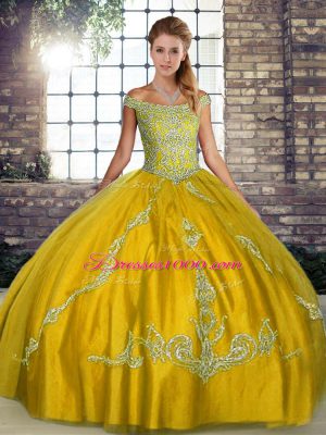 Classical Gold Lace Up Off The Shoulder Beading and Embroidery Sweet 16 Dresses Tulle Sleeveless