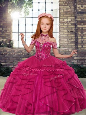 Attractive Fuchsia Sleeveless Beading and Ruffles Floor Length Girls Pageant Dresses