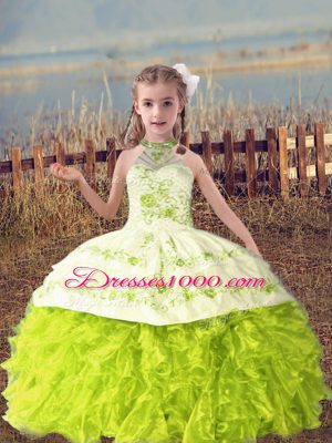 Popular Yellow Green Lace Up Halter Top Beading and Embroidery and Ruffles Little Girl Pageant Gowns Organza Sleeveless