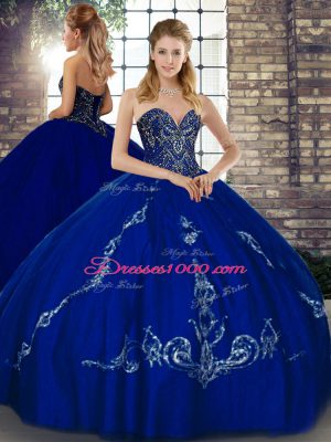 Elegant Royal Blue Sleeveless Floor Length Beading and Embroidery Lace Up Quinceanera Gowns