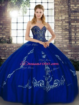 Elegant Royal Blue Sleeveless Floor Length Beading and Embroidery Lace Up Quinceanera Gowns