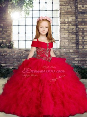 Floor Length Red Little Girls Pageant Gowns Straps Sleeveless Lace Up