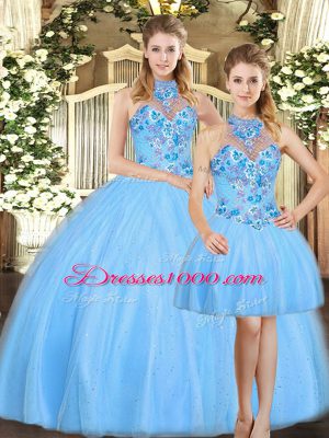 Halter Top Sleeveless Quinceanera Gown Floor Length Embroidery Baby Blue Tulle
