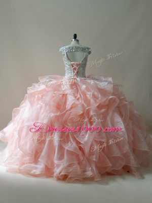 Hot Sale Beading and Ruffles Vestidos de Quinceanera Peach Zipper Sleeveless Floor Length