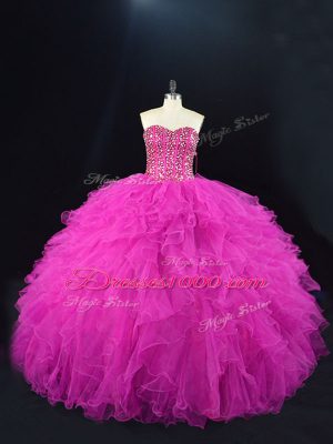 Suitable Fuchsia Ball Gowns Sweetheart Sleeveless Tulle Floor Length Lace Up Beading and Ruffles Quinceanera Gown