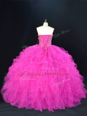 Suitable Fuchsia Ball Gowns Sweetheart Sleeveless Tulle Floor Length Lace Up Beading and Ruffles Quinceanera Gown