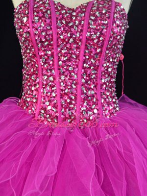 Suitable Fuchsia Ball Gowns Sweetheart Sleeveless Tulle Floor Length Lace Up Beading and Ruffles Quinceanera Gown