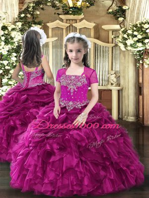 Custom Made Floor Length Ball Gowns Sleeveless Fuchsia Kids Formal Wear Lace Up