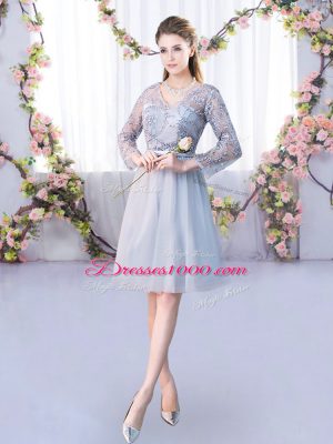 Discount Knee Length Grey Damas Dress Tulle Long Sleeves Lace and Belt