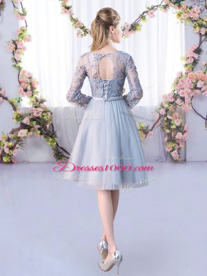 Discount Knee Length Grey Damas Dress Tulle Long Sleeves Lace and Belt