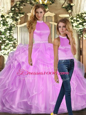 Two Pieces Quinceanera Gowns Lilac Halter Top Organza Sleeveless Floor Length Backless