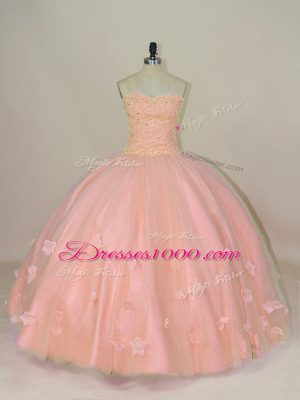 Luxurious Pink Sweetheart Lace Up Hand Made Flower Quinceanera Dresses Sleeveless