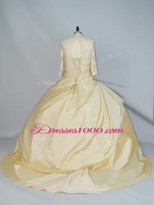 Yellow Ball Gowns Taffeta High-neck Long Sleeves Lace Lace Up Ball Gown Prom Dress Brush Train