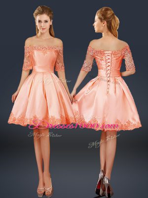 Beautiful A-line Dress for Prom Peach Off The Shoulder Satin Half Sleeves Mini Length Lace Up
