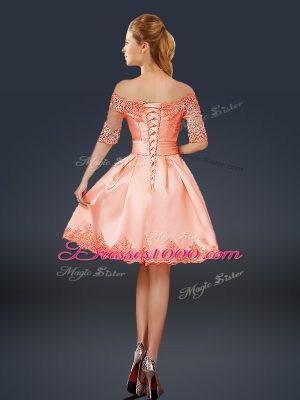 Beautiful A-line Dress for Prom Peach Off The Shoulder Satin Half Sleeves Mini Length Lace Up