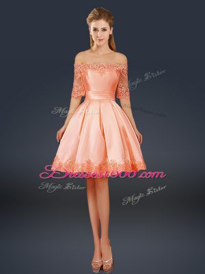 Beautiful A-line Dress for Prom Peach Off The Shoulder Satin Half Sleeves Mini Length Lace Up