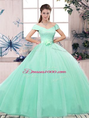 Apple Green Ball Gowns Off The Shoulder Short Sleeves Tulle Floor Length Lace Up Lace and Hand Made Flower Vestidos de Quinceanera