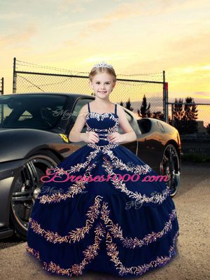 Fancy Ball Gowns Juniors Party Dress Navy Blue Straps Satin Sleeveless Floor Length Lace Up