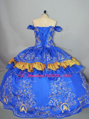 Blue Satin and Organza Lace Up 15th Birthday Dress Sleeveless Floor Length Embroidery