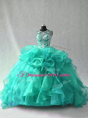 Turquoise Ball Gowns Organza Scoop Sleeveless Beading and Ruffles Floor Length Lace Up Sweet 16 Quinceanera Dress