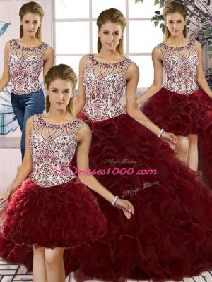 Flirting Scoop Sleeveless Organza Ball Gown Prom Dress Beading and Ruffles Lace Up