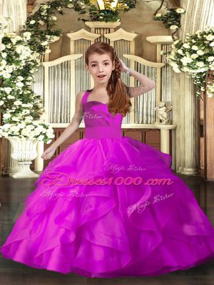 Trendy Tulle Straps Sleeveless Lace Up Ruffles Party Dress for Toddlers in Fuchsia