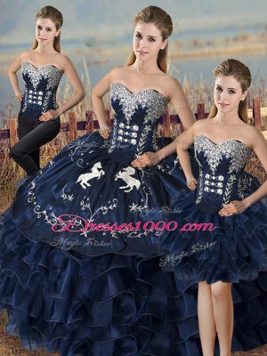 Navy Blue Sweetheart Lace Up Embroidery and Ruffles Sweet 16 Quinceanera Dress Sleeveless