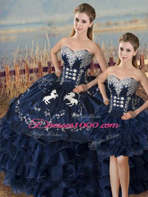 Navy Blue Sweetheart Lace Up Embroidery and Ruffles Sweet 16 Quinceanera Dress Sleeveless