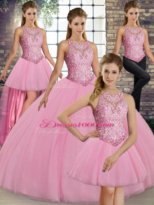 Pink Lace Up Sweet 16 Quinceanera Dress Embroidery Sleeveless Floor Length