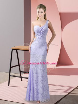 Lavender Lace Criss Cross One Shoulder Sleeveless Floor Length Beading and Lace