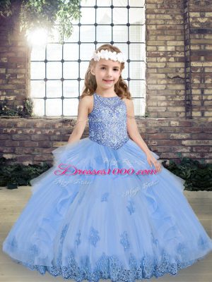 Luxurious Sleeveless Tulle Floor Length Lace Up Little Girls Pageant Dress in Lavender with Appliques