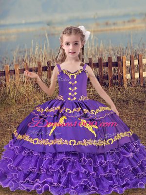 Lavender Ball Gowns Straps Sleeveless Organza Floor Length Lace Up Beading and Embroidery and Ruffled Layers Little Girl Pageant Gowns