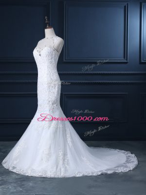 Scoop Sleeveless Brush Train Backless Wedding Dress White Tulle