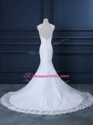 Scoop Sleeveless Brush Train Backless Wedding Dress White Tulle