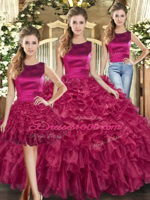 Nice Floor Length Fuchsia Sweet 16 Dress Organza Sleeveless Ruffles