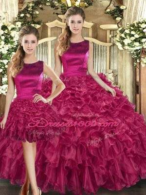 Nice Floor Length Fuchsia Sweet 16 Dress Organza Sleeveless Ruffles