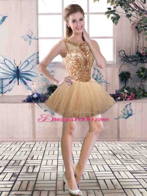 Perfect Sleeveless Tulle Floor Length Lace Up Quinceanera Dress in Gold with Beading