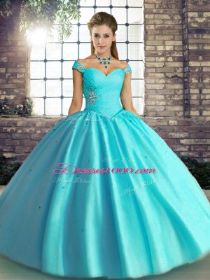 Ideal Floor Length Aqua Blue Quinceanera Gown Off The Shoulder Sleeveless Lace Up