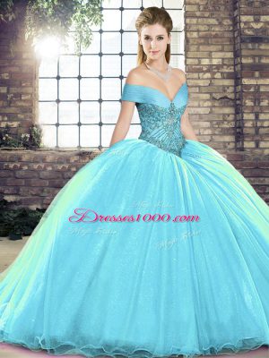 Colorful Aqua Blue Sweet 16 Dress Military Ball and Sweet 16 and Quinceanera with Beading Off The Shoulder Sleeveless Brush Train Lace Up
