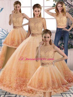 Backless Quinceanera Gowns Gold and Peach for Military Ball and Sweet 16 and Quinceanera with Lace Sweep Train