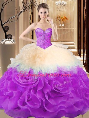 Sweetheart Sleeveless Fabric With Rolling Flowers 15 Quinceanera Dress Beading and Ruffles Lace Up