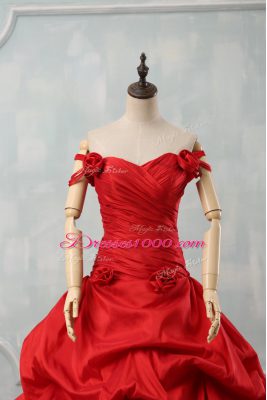 Deluxe Red Taffeta Lace Up Quinceanera Dresses Sleeveless Court Train Pick Ups and Hand Made Flower