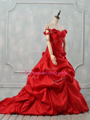 Deluxe Red Taffeta Lace Up Quinceanera Dresses Sleeveless Court Train Pick Ups and Hand Made Flower